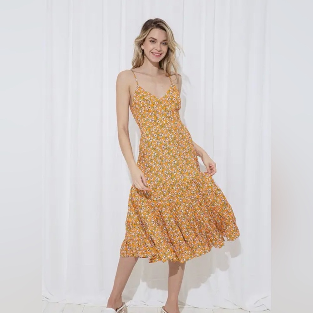 ILLA ILLA Mustard Floral Midi Dress